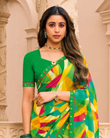 Vishal Prints Leaf Green Printed Georgette Saree With Fancy Border