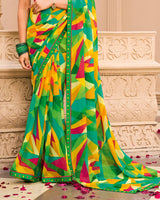 Vishal Prints Leaf Green Printed Georgette Saree With Fancy Border