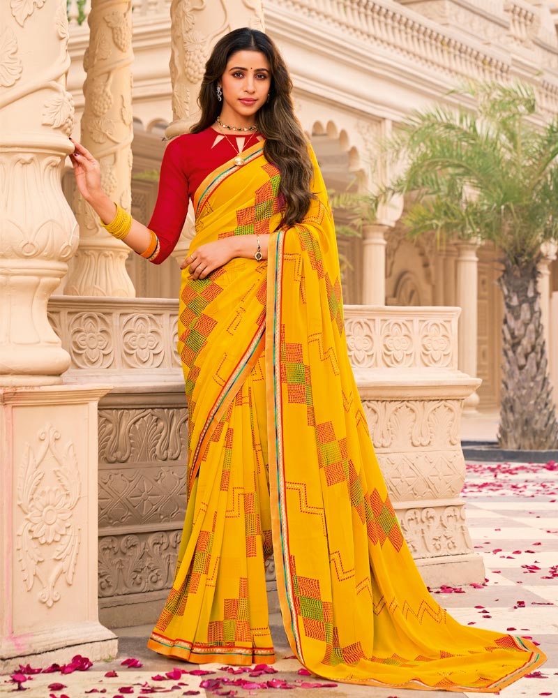 Vishal Prints Bright Yellow Printed Georgette Saree With Fancy Border