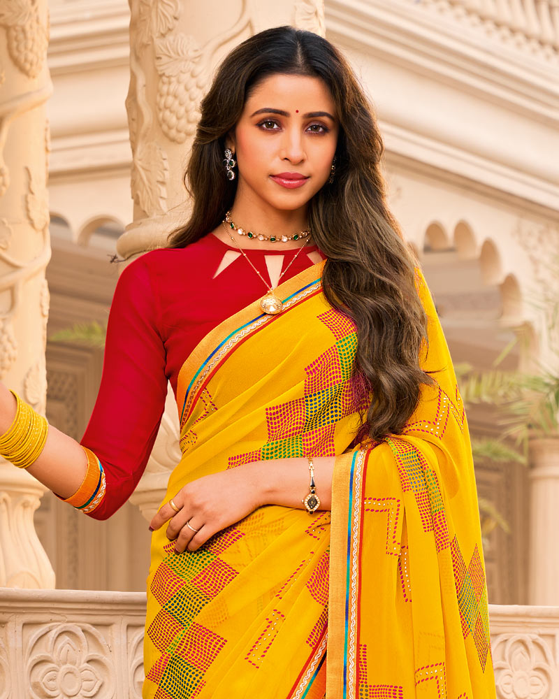 Vishal Prints Bright Yellow Printed Georgette Saree With Fancy Border
