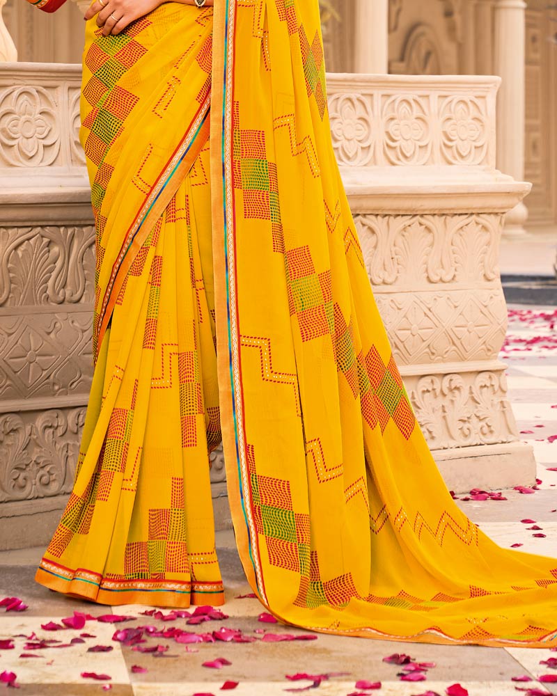 Vishal Prints Bright Yellow Printed Georgette Saree With Fancy Border