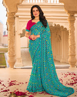 Vishal Prints Teal Blue Printed Georgette Saree With Fancy Border