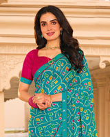 Vishal Prints Teal Blue Printed Georgette Saree With Fancy Border