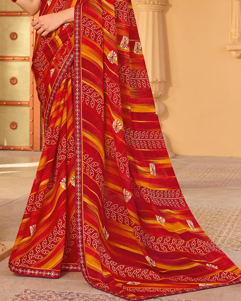Vishal Prints Venetian Red Printed Georgette Saree With Fancy Embroidery Work Border