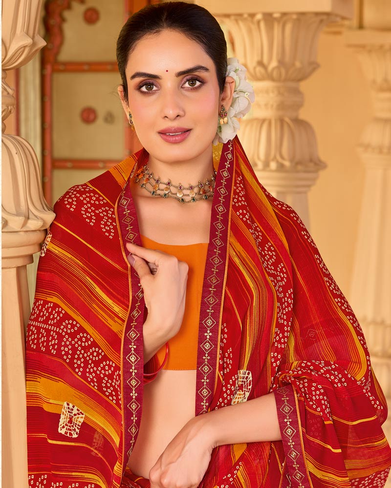 Vishal Prints Venetian Red Printed Georgette Saree With Fancy Embroidery Work Border