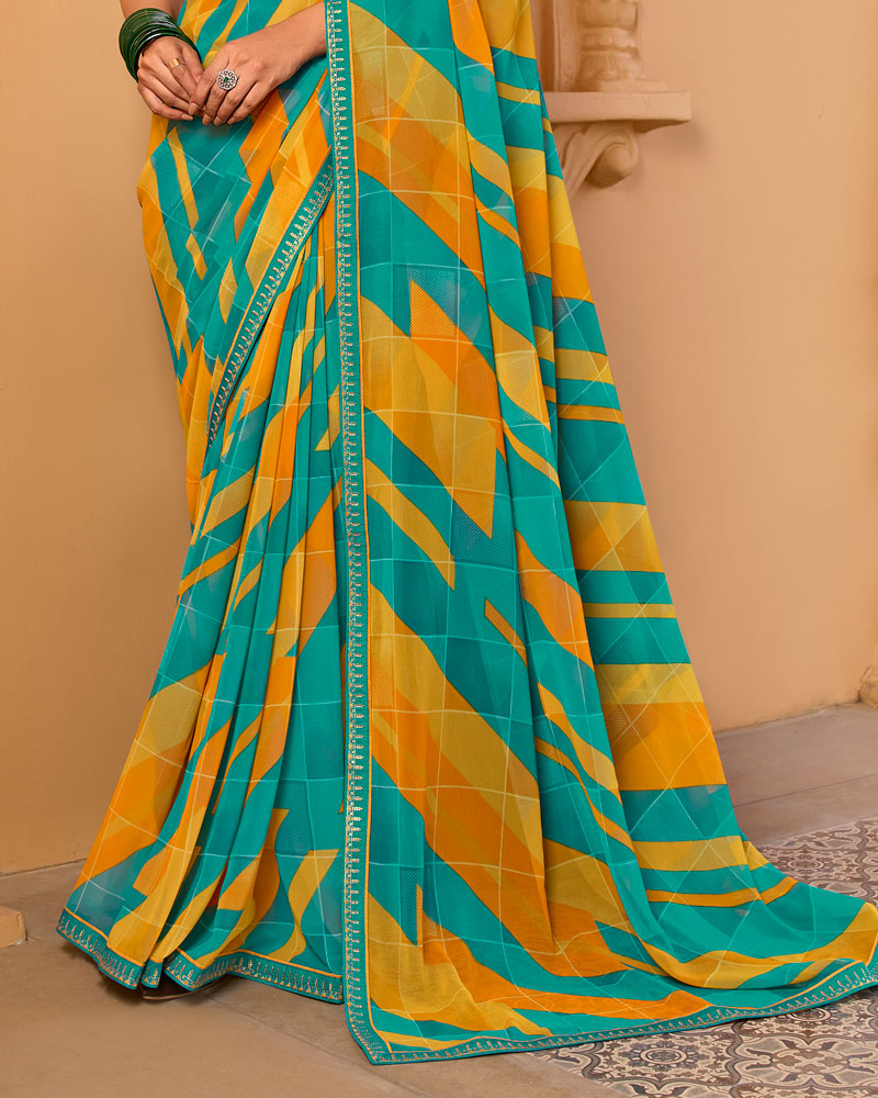 Vishal Prints Persian Green Printed Georgette Saree With Fancy Embroidery Work Border