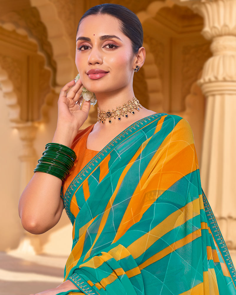 Vishal Prints Persian Green Printed Georgette Saree With Fancy Embroidery Work Border