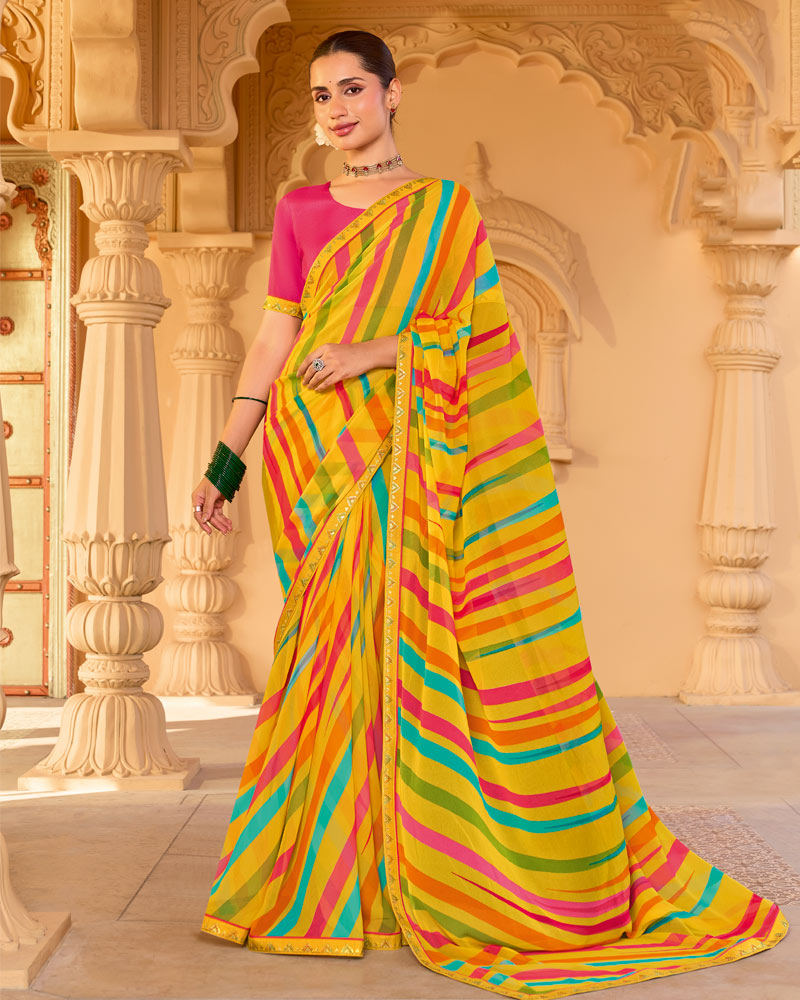 Vishal Prints Lightning Yellow Printed Georgette Saree With Fancy Embroidery Work Border