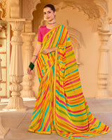 Vishal Prints Lightning Yellow Printed Georgette Saree With Fancy Embroidery Work Border