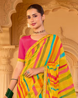 Vishal Prints Lightning Yellow Printed Georgette Saree With Fancy Embroidery Work Border