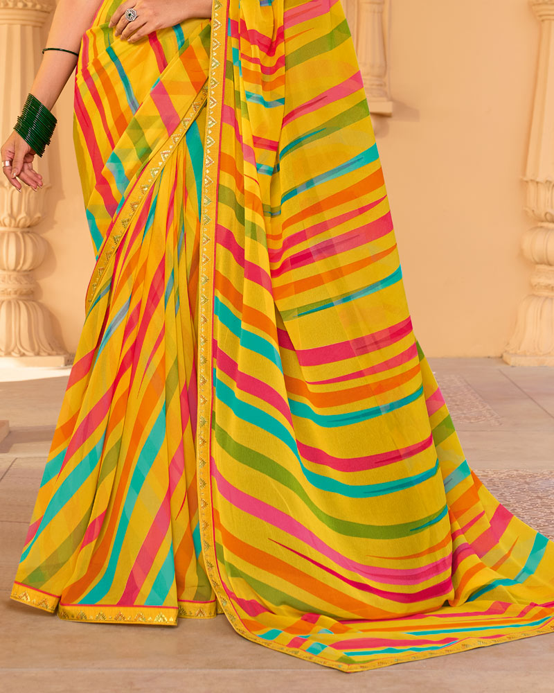 Vishal Prints Lightning Yellow Printed Georgette Saree With Fancy Embroidery Work Border