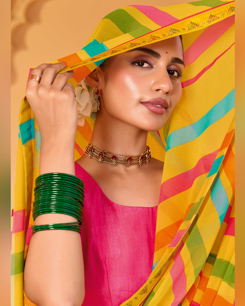 Vishal Prints Lightning Yellow Printed Georgette Saree With Fancy Embroidery Work Border