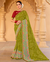 Vishal Prints Olive Yellow Printed Georgette Saree With Fancy Embroidery Work Border
