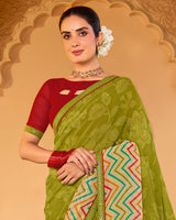 Vishal Prints Olive Yellow Printed Georgette Saree With Fancy Embroidery Work Border