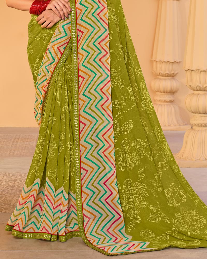 Vishal Prints Olive Yellow Printed Georgette Saree With Fancy Embroidery Work Border