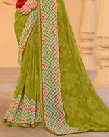 Vishal Prints Olive Yellow Printed Georgette Saree With Fancy Embroidery Work Border