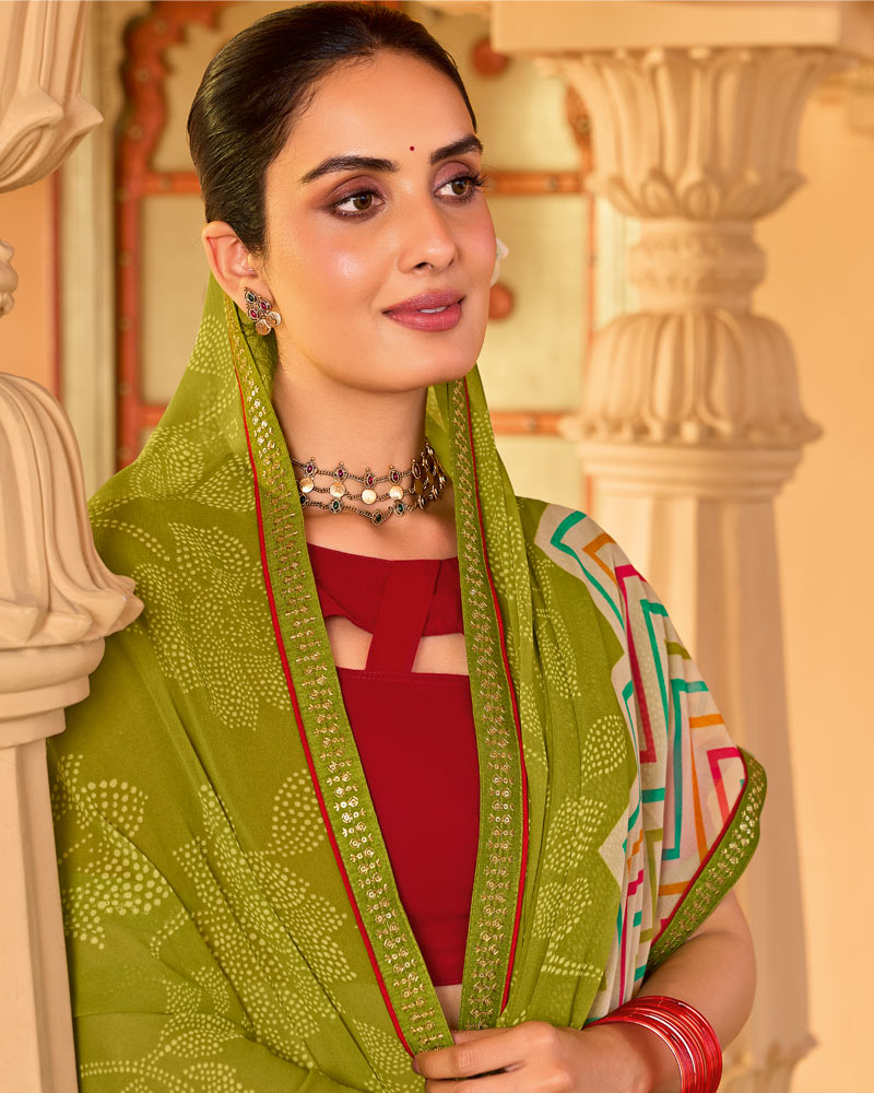 Vishal Prints Olive Yellow Printed Georgette Saree With Fancy Embroidery Work Border