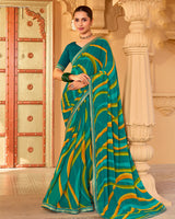 Vishal Prints Deep Sea Green Printed Georgette Saree With Fancy Embroidery Work Border