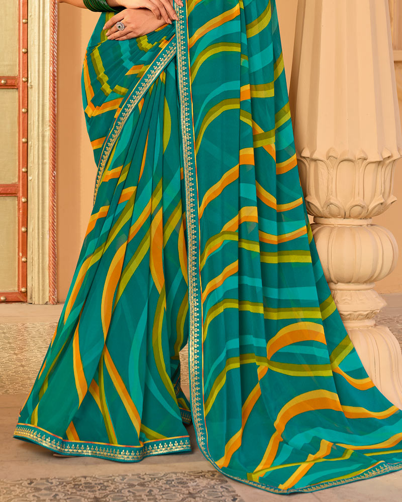 Vishal Prints Deep Sea Green Printed Georgette Saree With Fancy Embroidery Work Border