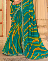 Vishal Prints Deep Sea Green Printed Georgette Saree With Fancy Embroidery Work Border