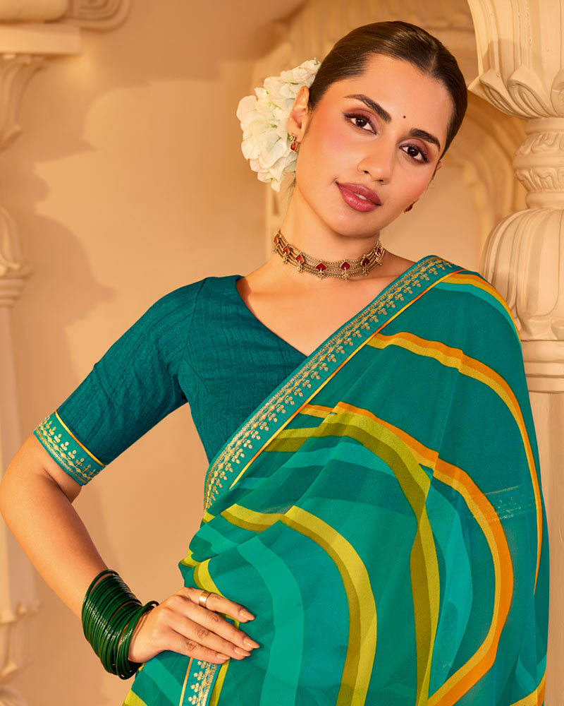Vishal Prints Deep Sea Green Printed Georgette Saree With Fancy Embroidery Work Border