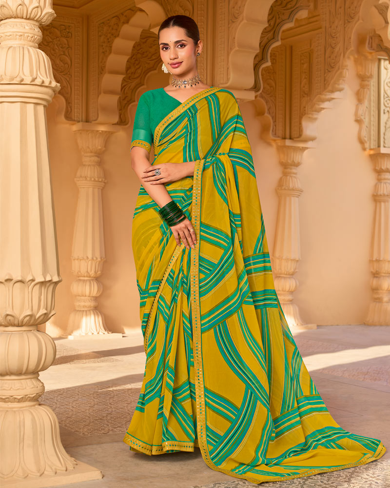 Vishal Prints Ochre Yellow Printed Georgette Saree With Fancy Embroidery Work Border