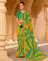 Vishal Prints Ochre Yellow Printed Georgette Saree With Fancy Embroidery Work Border