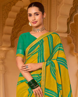 Vishal Prints Ochre Yellow Printed Georgette Saree With Fancy Embroidery Work Border