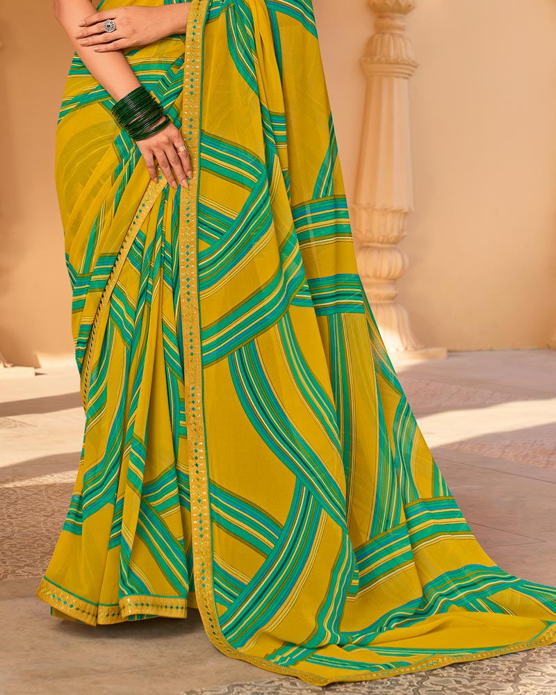 Vishal Prints Ochre Yellow Printed Georgette Saree With Fancy Embroidery Work Border