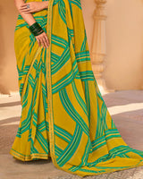 Vishal Prints Ochre Yellow Printed Georgette Saree With Fancy Embroidery Work Border
