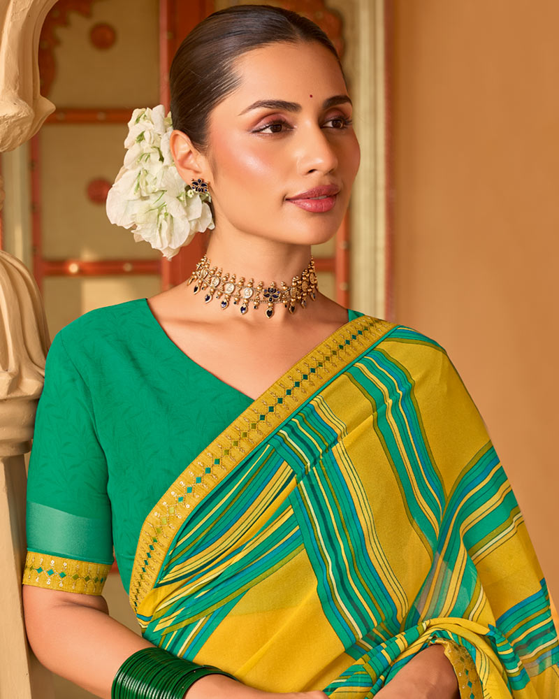 Vishal Prints Ochre Yellow Printed Georgette Saree With Fancy Embroidery Work Border