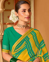 Vishal Prints Ochre Yellow Printed Georgette Saree With Fancy Embroidery Work Border