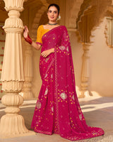 Vishal Prints Purplish Red Printed Chiffon Saree With Foil Print And Fancy Embroidery Work Border
