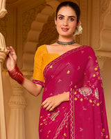 Vishal Prints Purplish Red Printed Chiffon Saree With Foil Print And Fancy Embroidery Work Border