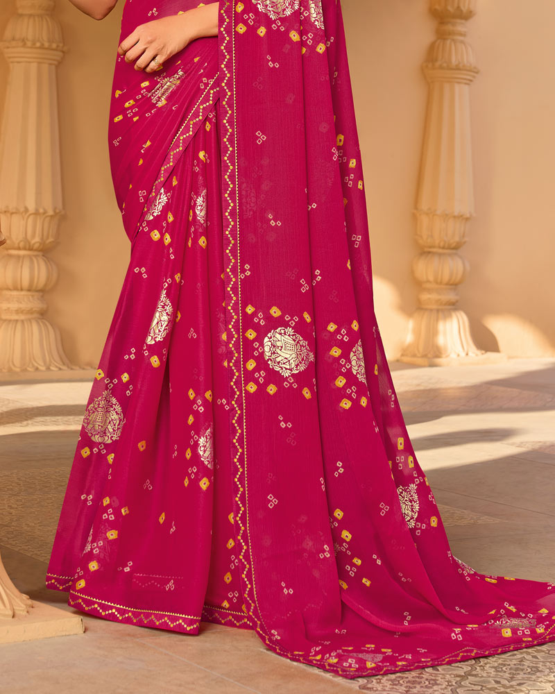 Vishal Prints Purplish Red Printed Chiffon Saree With Foil Print And Fancy Embroidery Work Border