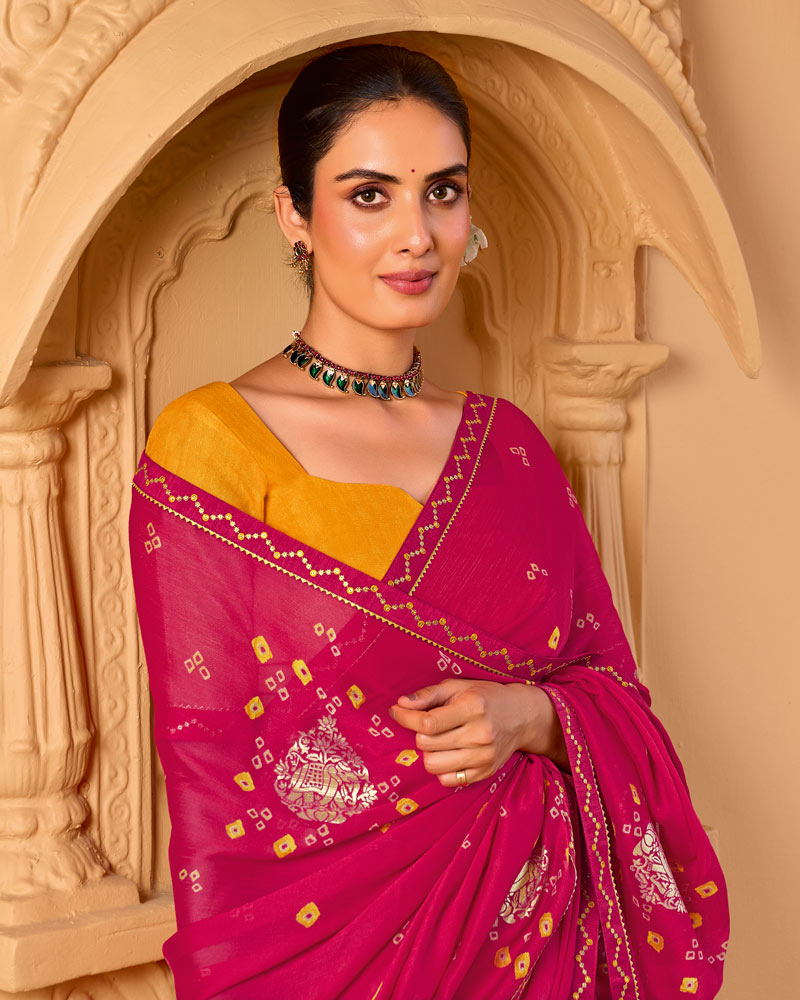Vishal Prints Purplish Red Printed Chiffon Saree With Foil Print And Fancy Embroidery Work Border