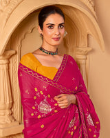 Vishal Prints Purplish Red Printed Chiffon Saree With Foil Print And Fancy Embroidery Work Border