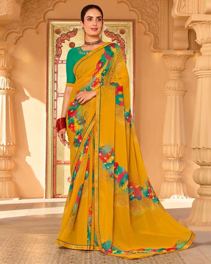 Vishal Prints Deep Yellow Printed Georgette Saree With Fancy Embroidery Work Border