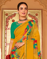 Vishal Prints Deep Yellow Printed Georgette Saree With Fancy Embroidery Work Border