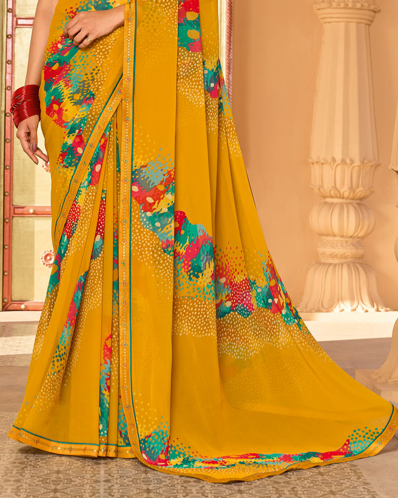 Vishal Prints Deep Yellow Printed Georgette Saree With Fancy Embroidery Work Border