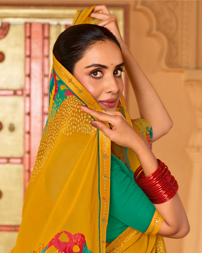 Vishal Prints Deep Yellow Printed Georgette Saree With Fancy Embroidery Work Border