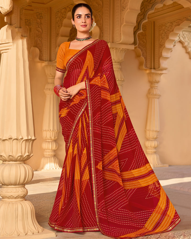 Vishal Prints Crimson Red Printed Georgette Saree With Fancy Embroidery Work Border