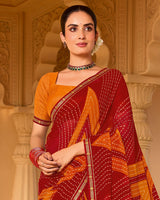 Vishal Prints Crimson Red Printed Georgette Saree With Fancy Embroidery Work Border