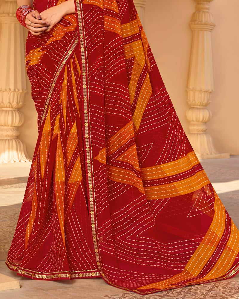 Vishal Prints Crimson Red Printed Georgette Saree With Fancy Embroidery Work Border