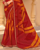 Vishal Prints Crimson Red Printed Georgette Saree With Fancy Embroidery Work Border