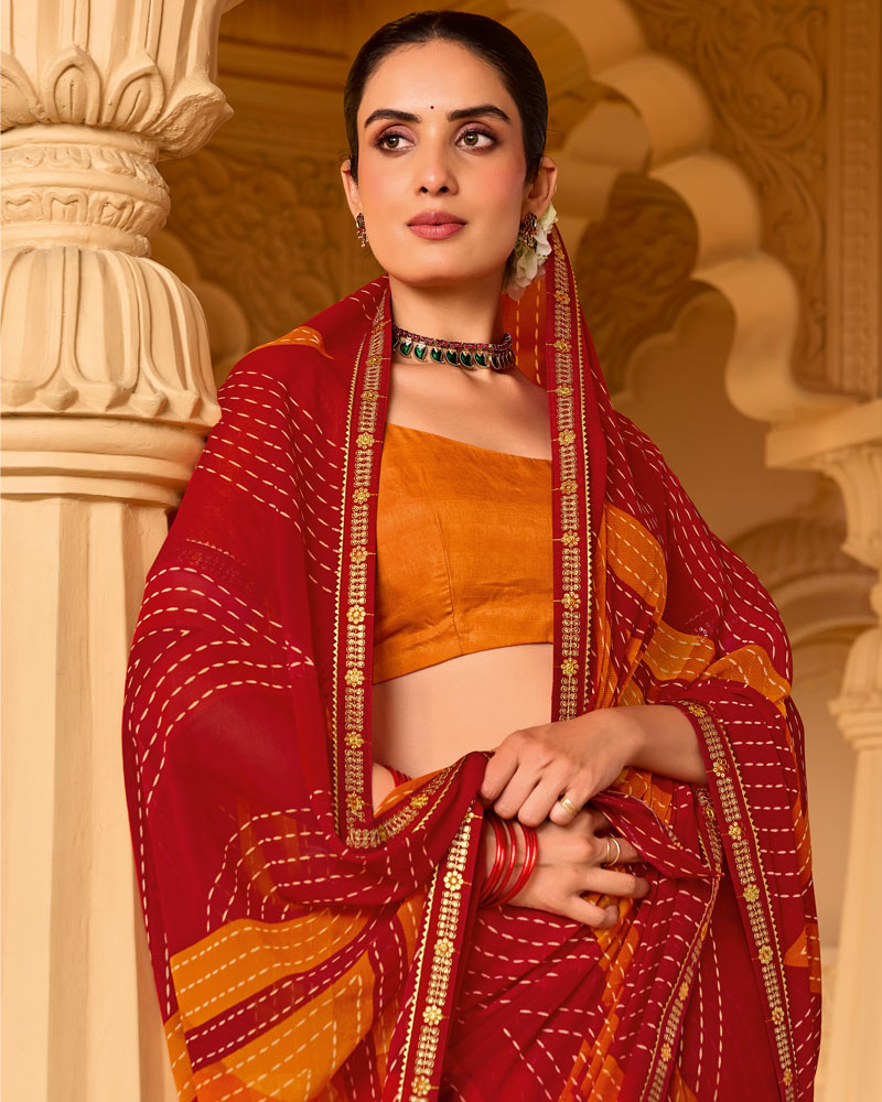 Vishal Prints Crimson Red Printed Georgette Saree With Fancy Embroidery Work Border