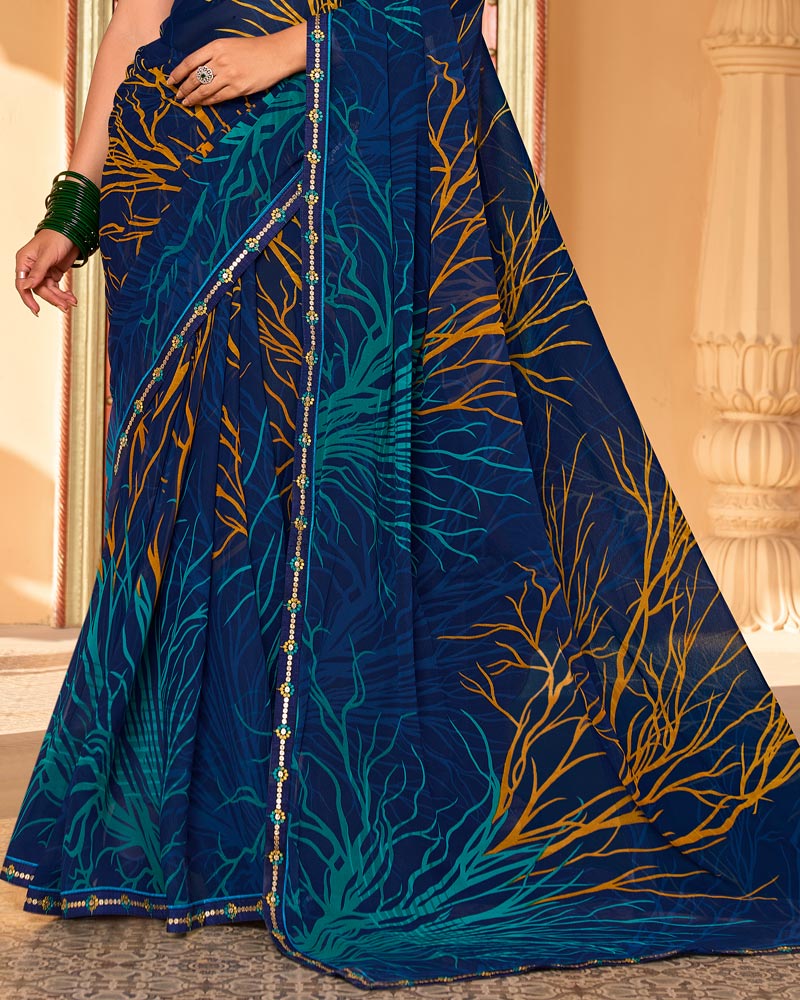 Vishal Prints Nile Blue Printed Georgette Saree With Fancy Embroidery Work Border