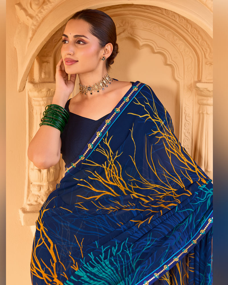 Vishal Prints Nile Blue Printed Georgette Saree With Fancy Embroidery Work Border