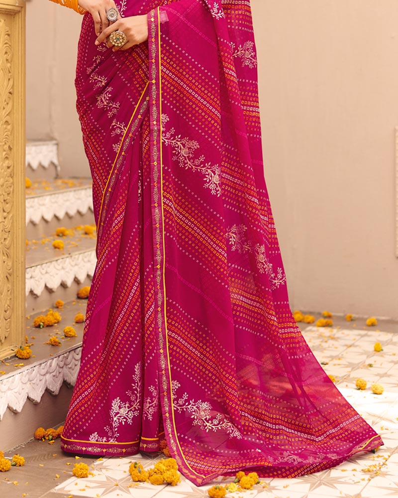 Vishal Prints Rani Pink Traditional Print Georgette Saree With Foil Print And Fancy Border