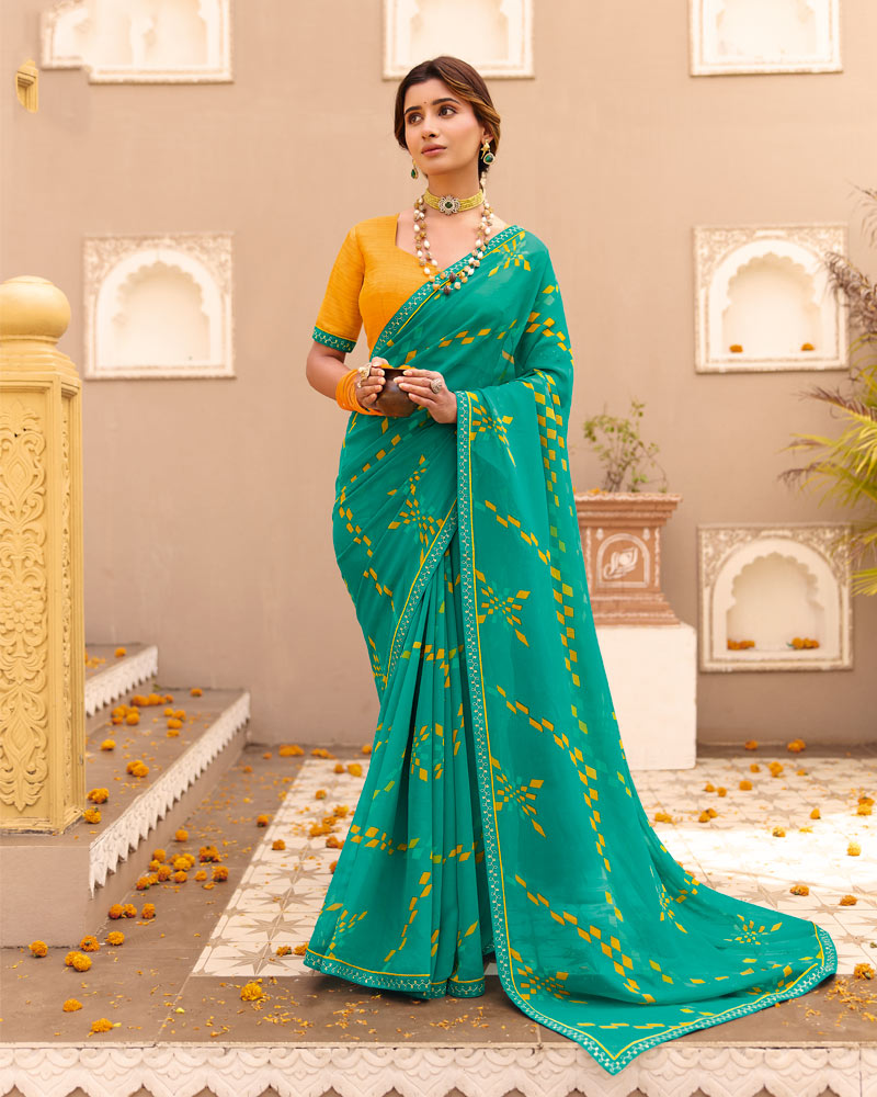 Vishal Prints Teal Green Printed Georgette Saree With Fancy Border
